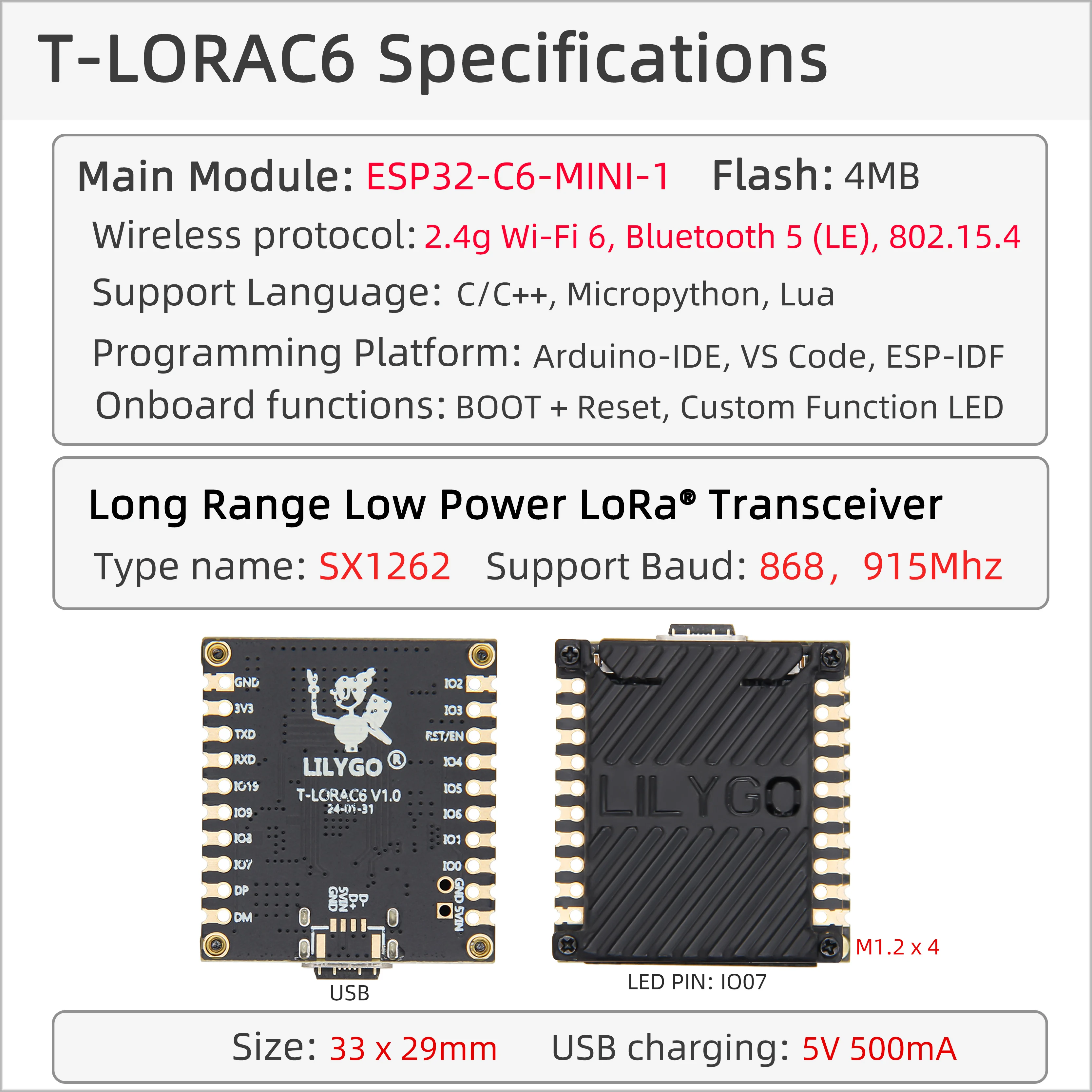 LILYGO T-LoRaC6 ESP32-C6 Main LoRa Module SX1262 868MHz 915MHz LoRaWAN Development Board Long Range Low Wireless RF Modules