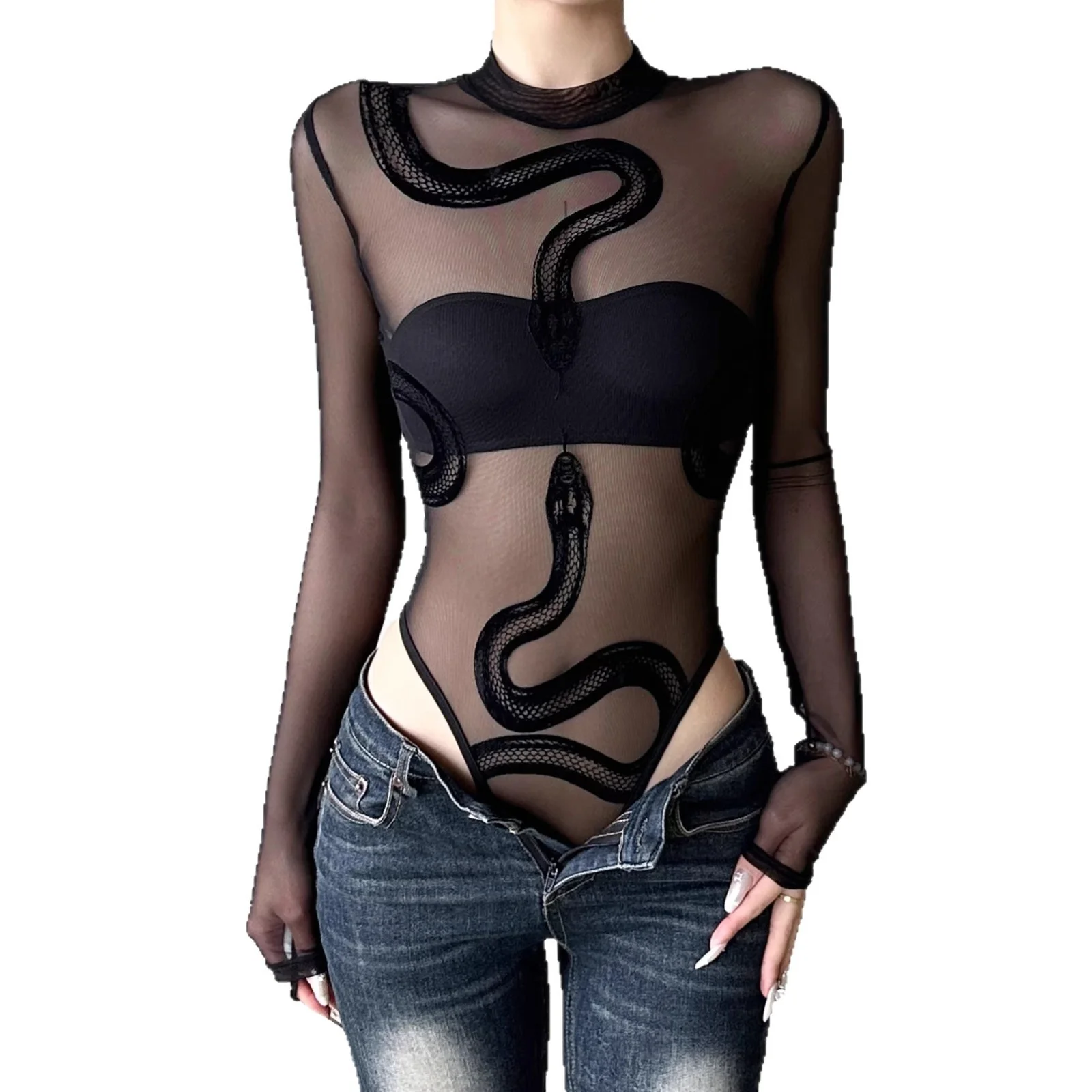 Transparent Women Tops Sexy Bodysuits Custom Snake Print Sexy Bodycon Basic Round Neck Long Sleeve Bodysuit