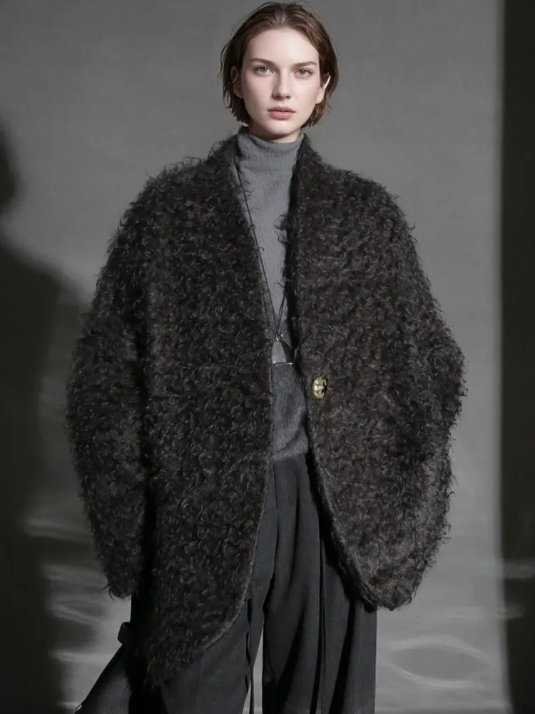 Elegant Fashion Women Solid Color Ripple Wool Coat V Neck Single Breasted Outerwear Winter Overcoat Female Loose Fit Warm Jacket