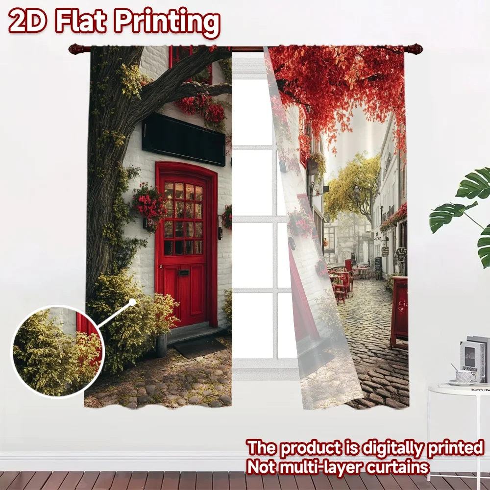 2D flat 2pcs Curtain Vintage drapes and curtains Autumn Cafe Street Durable polyester fiber Holiday Decorations for Room bedroom