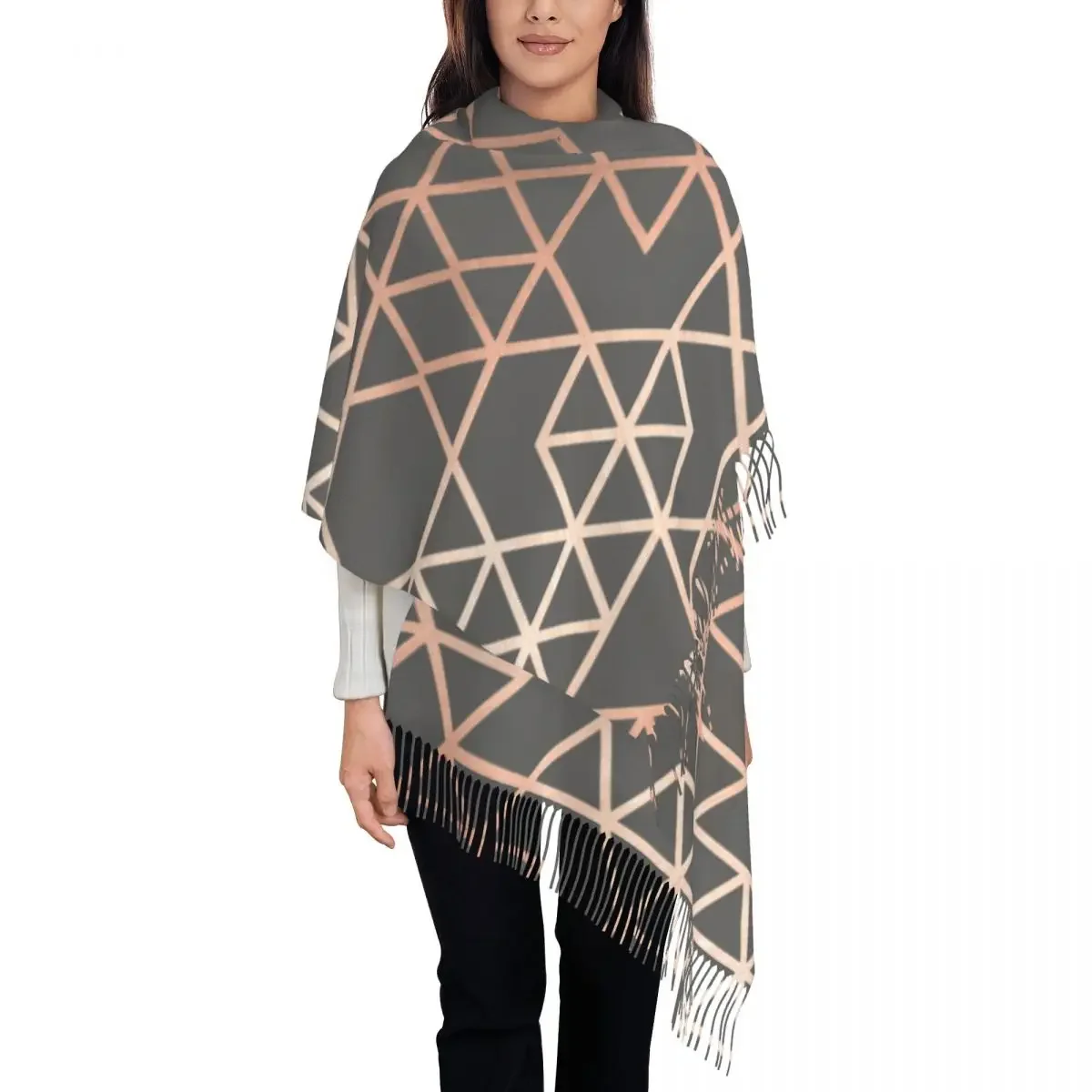 Fashion Rose Gold And Gray Geometric Pattern Tassel Scarf Women Winter Fall Warm Shawls Wraps Female Abstract Scarves