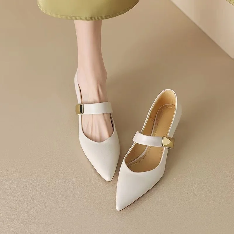 New Fashion Women's Mary Jane Shoes Pointed Toe High Heel Stiletto Metallic Trim Elegant Shoes Zapatos Mujer Elegant Ladies