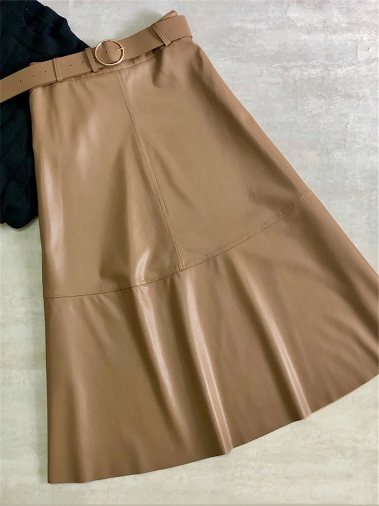 REALEFT 2022 New Autumn Winter PU-leather mi-long Skirt with Belt High Waist Vintage A-line Skirt Chic Mid-calf Umbrella Skirts