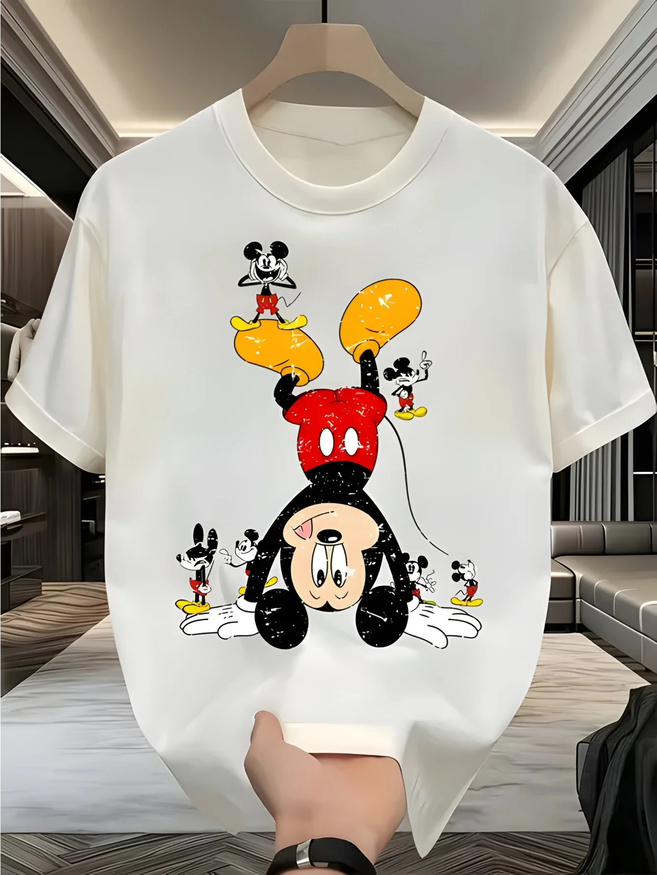 디즈니 미키 마우스 풍선 티셔츠(남성 및 여성용 만화 프린트), 캐주얼 반팔 흰색, 귀여운 커플