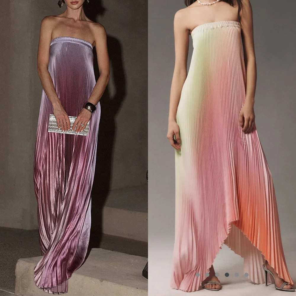 

2026 New Women's Gradient Color Tube Top Dress Sleeveless Pleated High Waist Midi Dress Party Club Streetwear Fashion Outfit