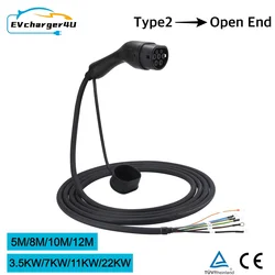 EVcharger4U Type2 EV Charging Cable 3.5KW/7KW/11KW 22KW 1Phase/3Phase 16A/32A Open End Wire for Electric Vehicle Charger Station
