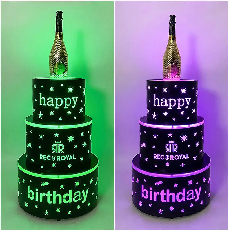 Botella de pastel LED personalizada para Club nocturno, glorificador de pastel de feliz cumpleaños, Servicio Vip, 3 capas, presentador