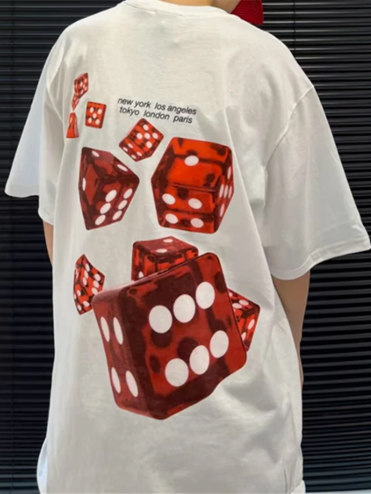 

ex Cotton round Ne ort Sve T-irt Creative Fun Dice Print Letter Pattern Rolling Stone Sle Casual Summer Top