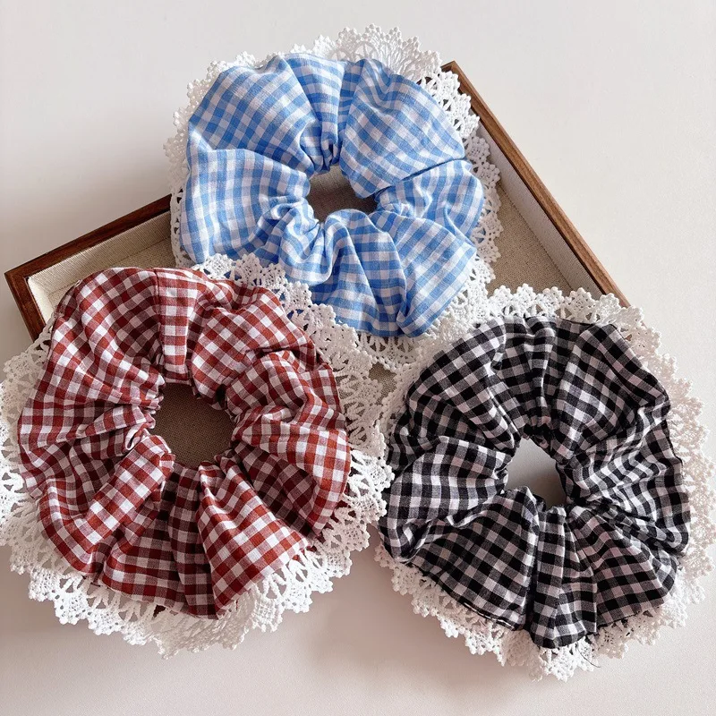 Plaid Scrunchies Korean Fashion Girls Sweet Headwear Cloth Fabric Hairbands for Women Ponytail Holder Vacation Hair Accessories
