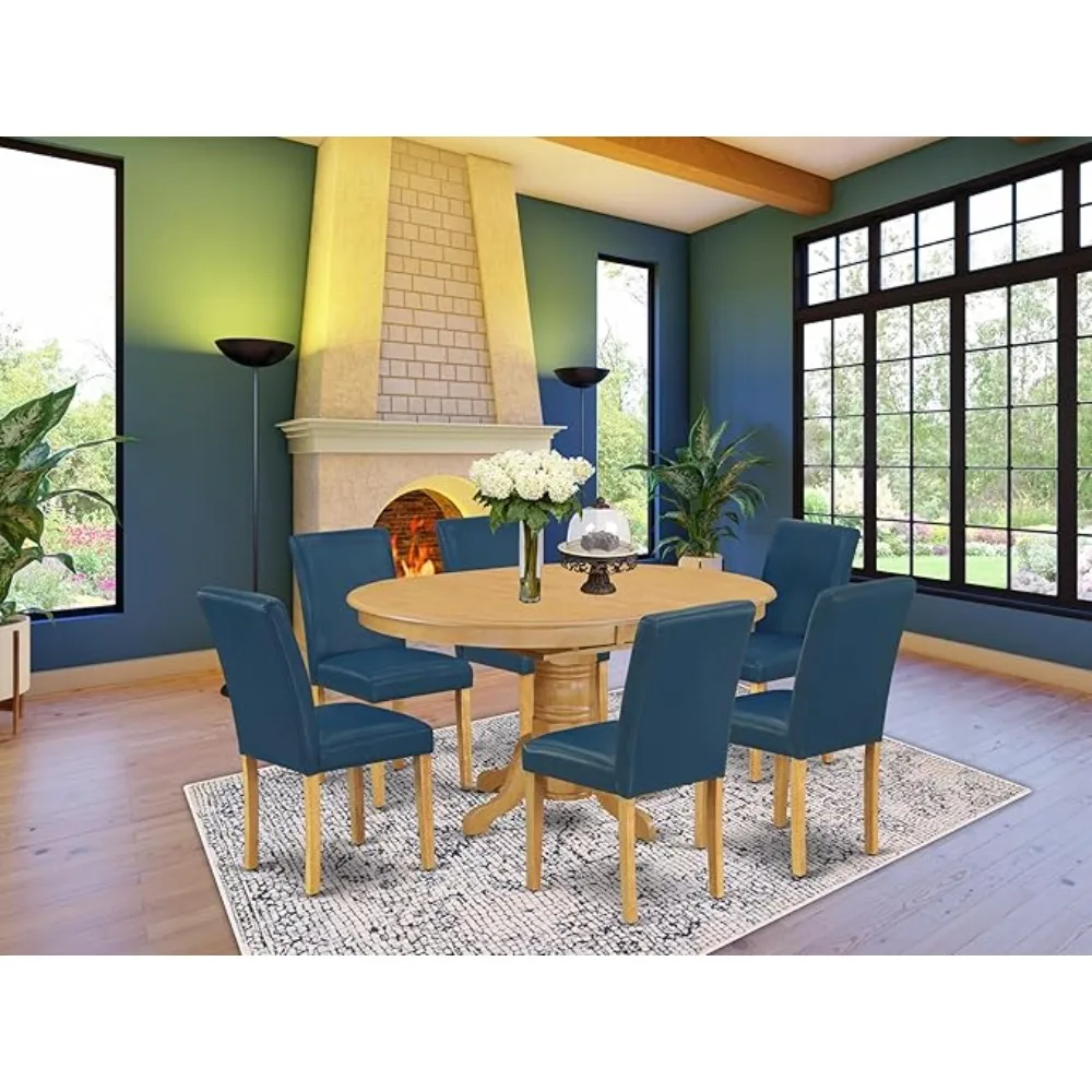 AVAB7-OAK-55 7 Piece Dining Table Set Consist of an Oval Dining Room Table with Butterfly Leaf and 6 Oasis Blue Faux Leather