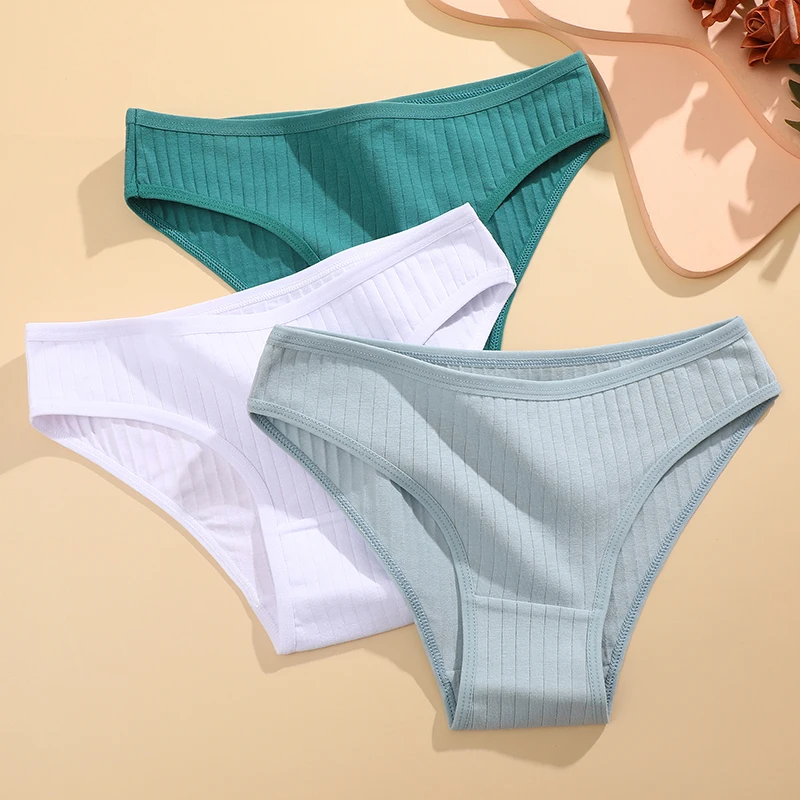 4PCS/Set Cotton Panties For Women Sexy Low Rise Briefs Cotton Ribbed Underwear Female Basic Breathable Underpants Solid Color