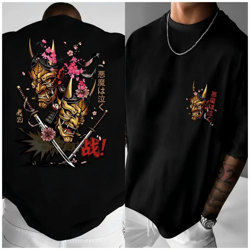 Oni mask cotton Tshirt Mens Japanese Streetwear Graphic Tee Casual Retro Katsu Boho Style