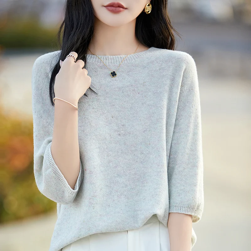 Female 2024 Spring Summer Pure Wool Cashmere Sweater Women\'s Round Neck Gold Bean Yarn Knitted Short Sleeve Loose Soft T-Shirts