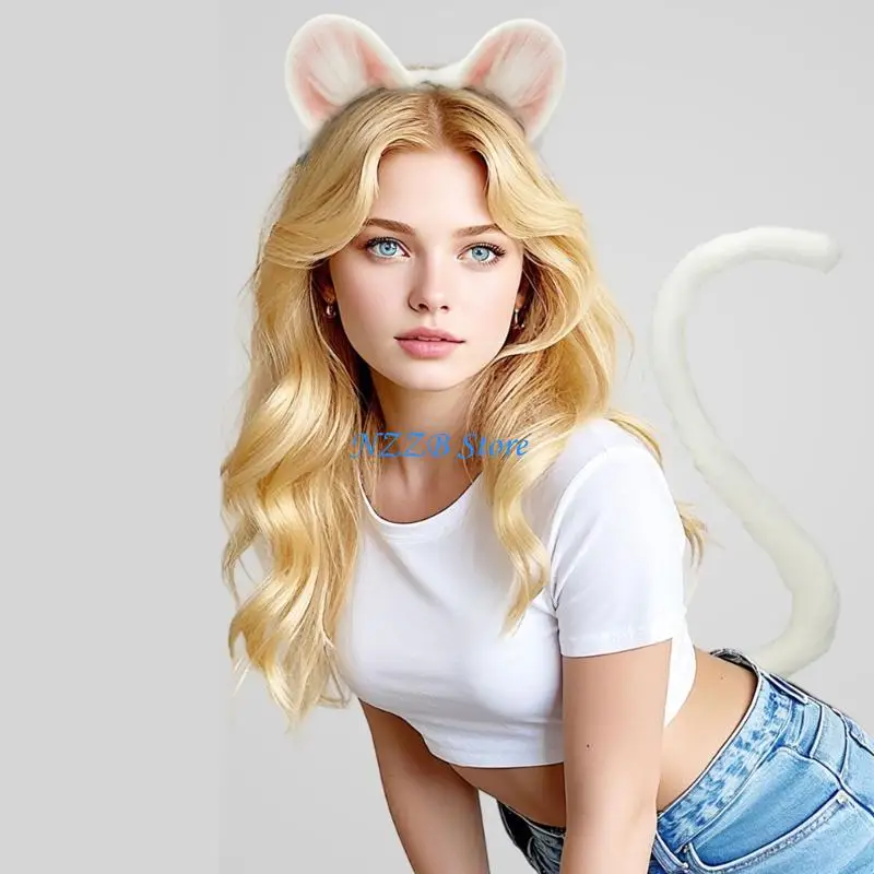 

T21F 1Pc Mouse Ears Headband Faux Furs Tail Animal Ears Headbands Short Mouse Tail Halloween Cosplay Costume Mouse Costumes