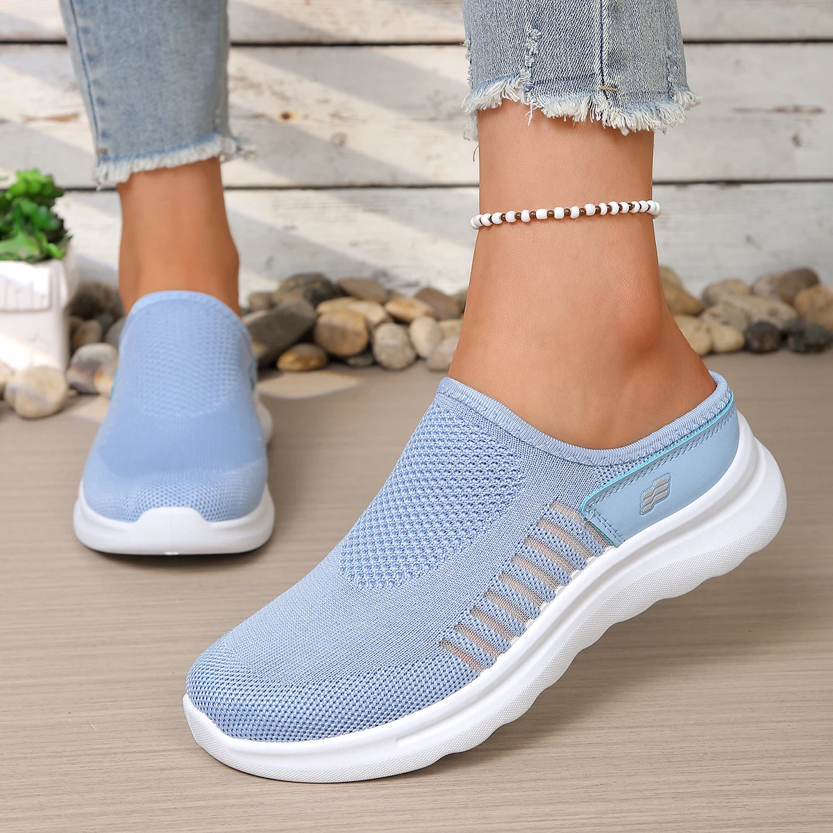 Women Breathable Knit Mules Sneakers Backless Slip On Walking Shoes Soft Cushion Platform Casual Daily Outdoor Flats