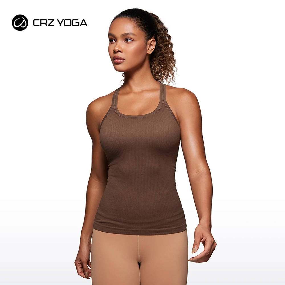 CRZ YOGA Womens Seamless Ribbed Racerback Tank Tops with Built in Bra - Padded Scoop Neck Slimming Athletic Long Camisole