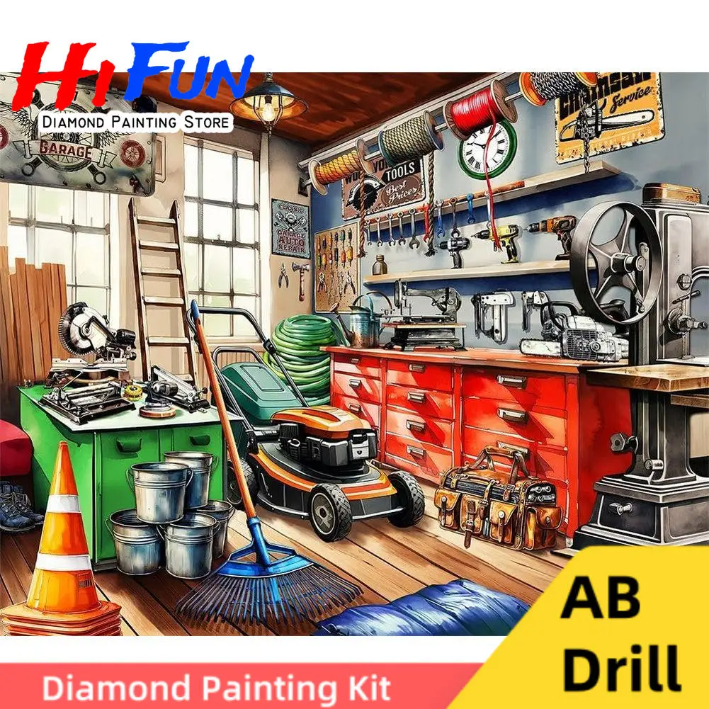 

AB Drills Diy Diamond Art Painting Kits Tool Man's Garage Art Colorful Repair Shop with Handyman's Gear Mosaic Cross Stitch