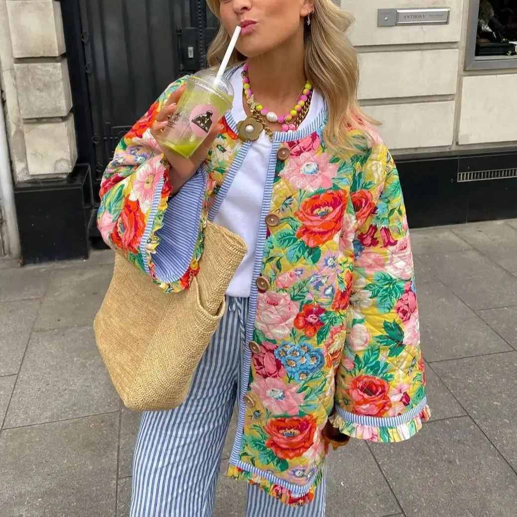 2023 New Casual Bell Sleeve Cotton Clothes Fashion Printed Velvet Loose Tops Coat O-Neck Streetwear Women's Winter Down Jacket