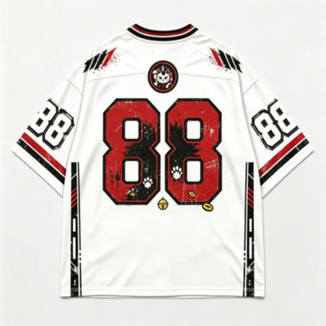 3D Full Print Lucky Cat Pattern V-neck Short Sleeve White Red Number 88 Retro Street Style Lucky Cat Top