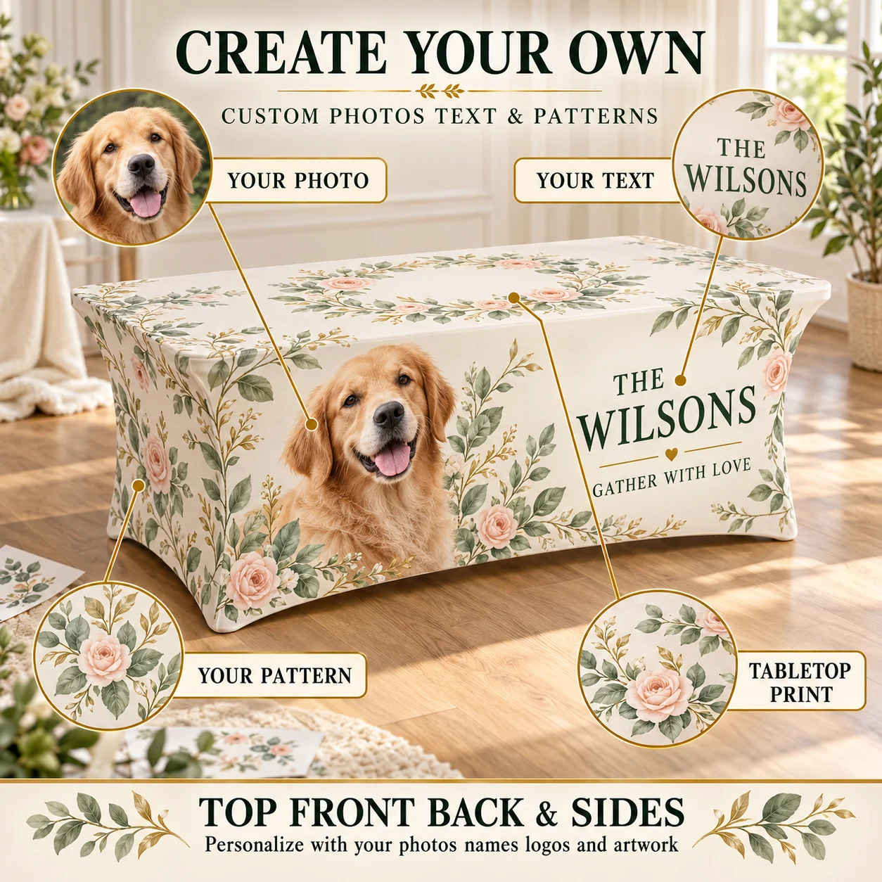 Personalized Milk Silk Stretch Table Cover Custom Photo Text Logo Print Fitted Tablecloth for Home Restaurant Hotel Patio Events