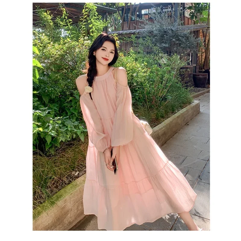 Plus Size Lolita Halter Pink Dress Women 2024 Long Sleeves Vacation Summer Robe Graceful Socialite Loose Long Blue Clothes New