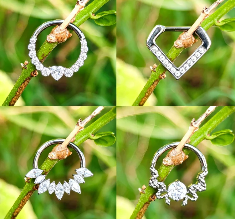 ASTM F136 Titanium Nose Ring with Zircon Inlay Heart-Shaped & Rhombus Shaped Zircons Seamless Closed Ring Body Piercing Jewelry