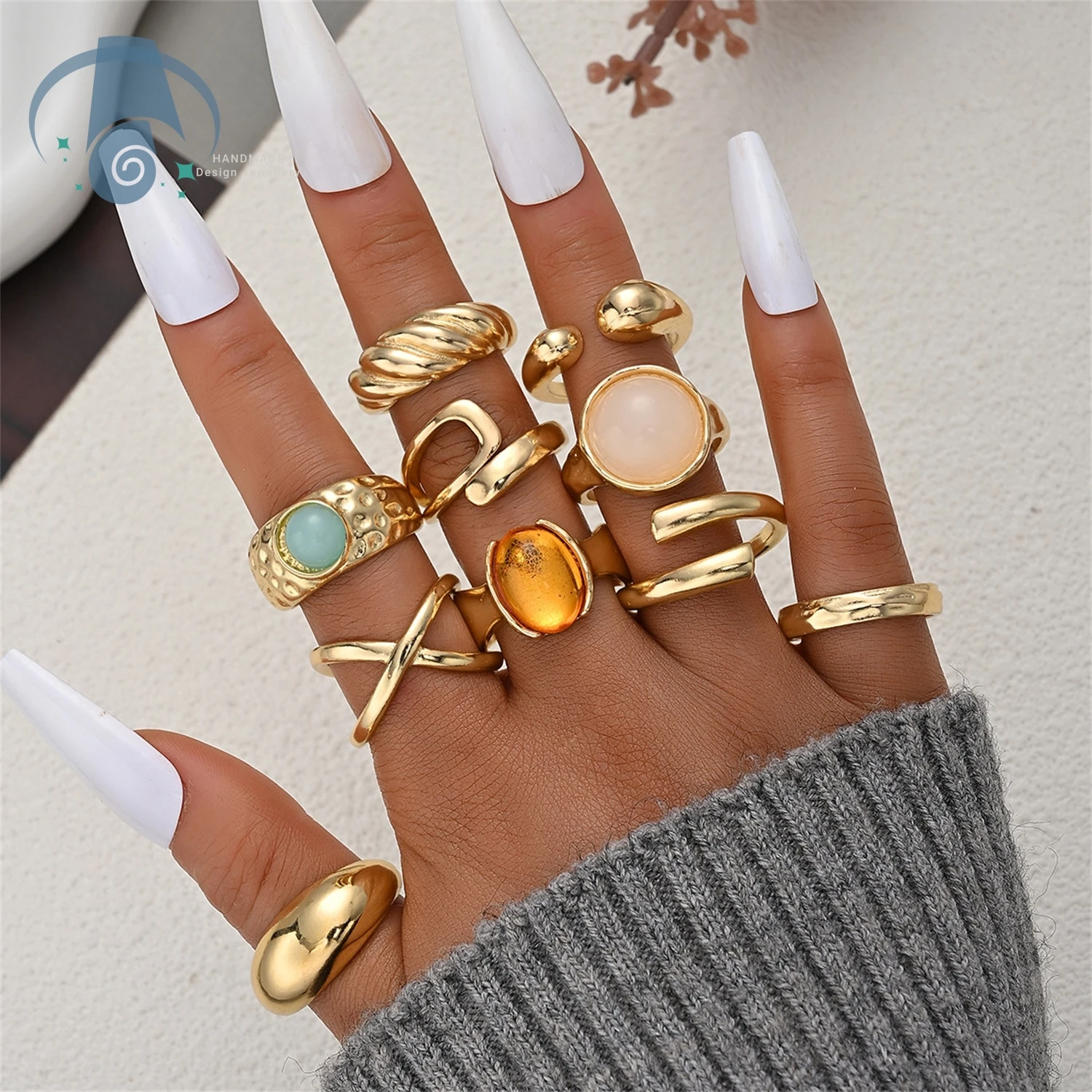 Vintage Enamel Ring Irregular Gemstone Open Adjustable Finger Ring for Women Light Luxury Statement Jewelry Party Daily Wear