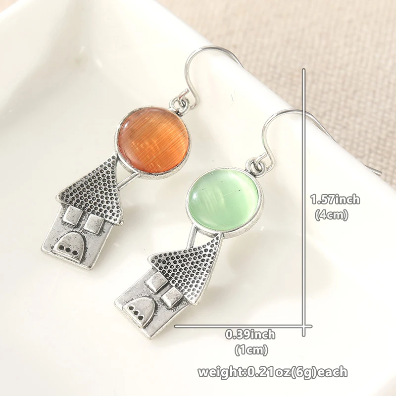 Vintage Silver Color Orange Green Stone Dangle Women's Earrings Metal Hand Carving House Pattern Party Daily Wear