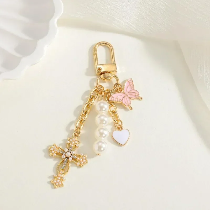 1/2pcs Cross Keychain Heart Butterfly Bag Charm Key Chain Accessories, Rhinestone Sparkling Keychain for Women Car Key Ring Bag