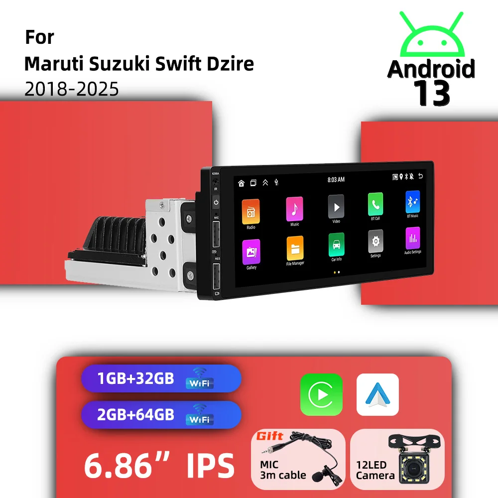 

Для Maruti Suzuki Swift Dzire 2018-2025: 6,86-дюймовый экран, CarPlay, Android автомагнитола, 1 DIN головное устройство, радио, GPS-навигация