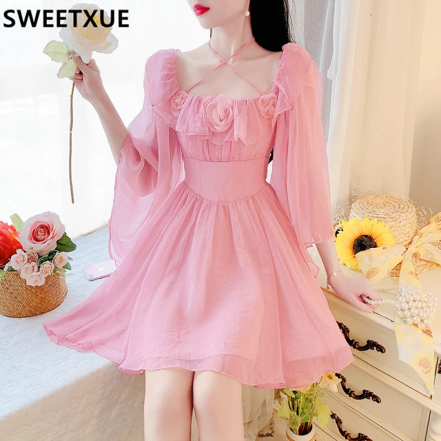 2022 Sexy Holiday Women Dress Pink Fairy 3d Flower Chiffon Square Neck Vestidos Chic Summer Beach Dress Korean Fashion Elegant Dresses AliExpress