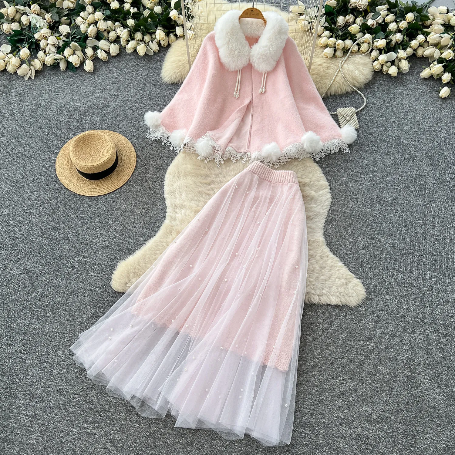 French Pink Gentle Style Women Skirt Set Fur Collar Cardigan Coat and Mesh Patchwork Knit Skirt Autumn Winter girl Skirt Set