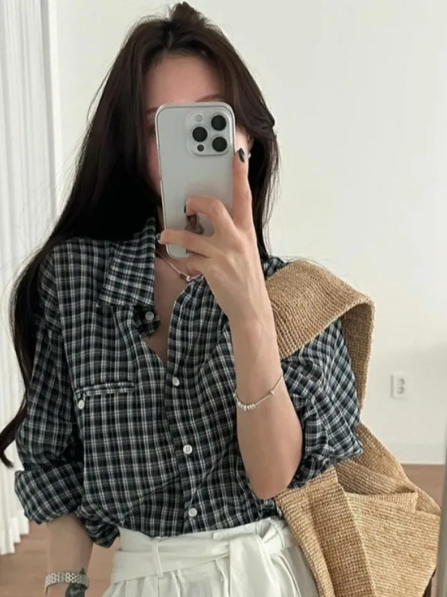 

Summer Vintage Plaid Long Sve irt Single Button Loose Fit Sun Protection Collared Women's Faion Premium Quali Knitwear
