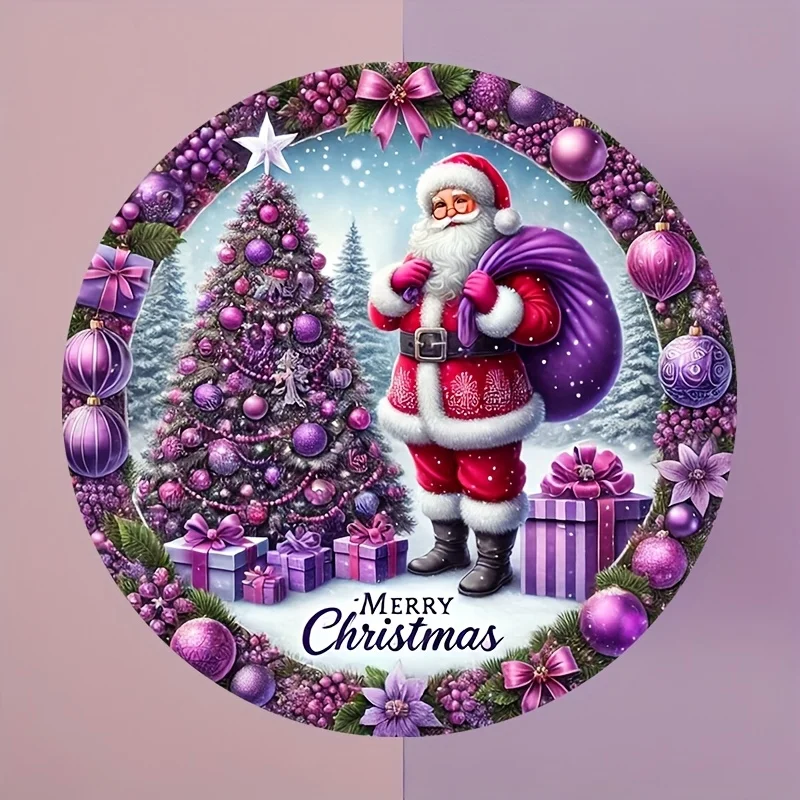 Purple Christmas 8x8" Round Aluminum Sign - Festive Holiday Decor for Home, Bar, Garage & Cafe, 20×20cm, Indoor & Outdoor