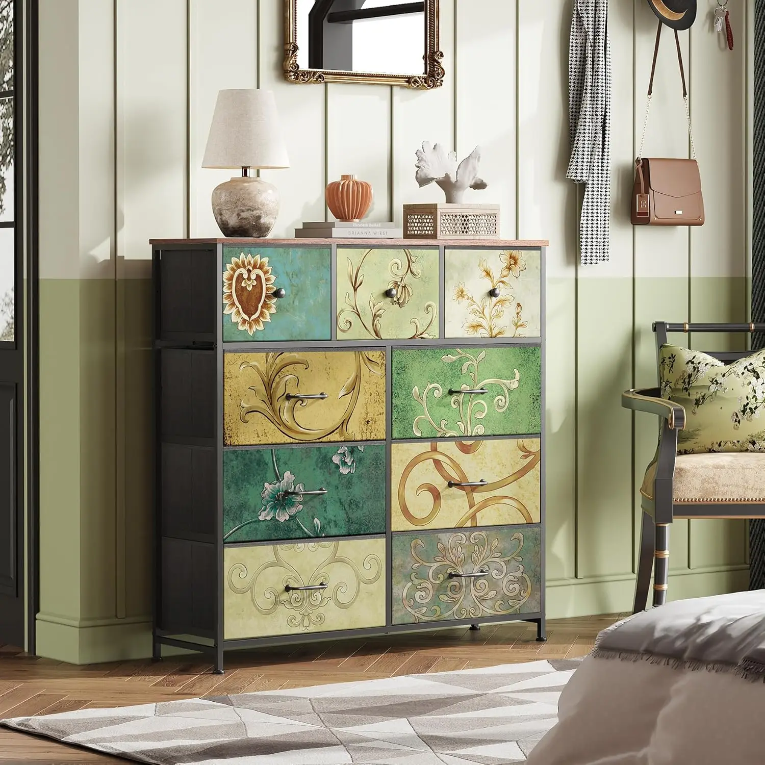 Chest of Drawers with 9 Drawers Chest of Drawers for Bedroom Cabinet Fabric Chest of Drawers Metal Frame for Living Room