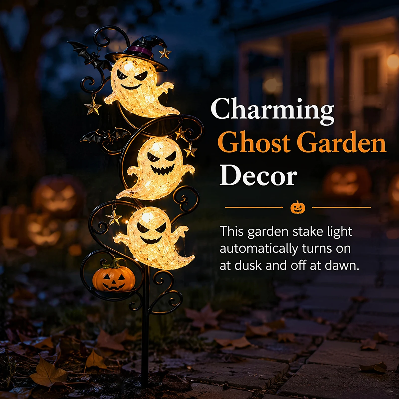 Solar Halloween Little Ghost Garden Stake Light Waterproof Lighted Solar Ghost Decoration with Crackle Glass Ghosts & Pumpkin
