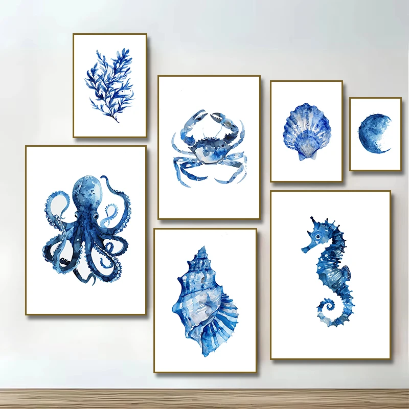 Watercolor Blue Coastal Sea Creatures Posters Prints Octopus Conch Crab Moon Seaweed Wall Art Canvas Painting Room Home Decor