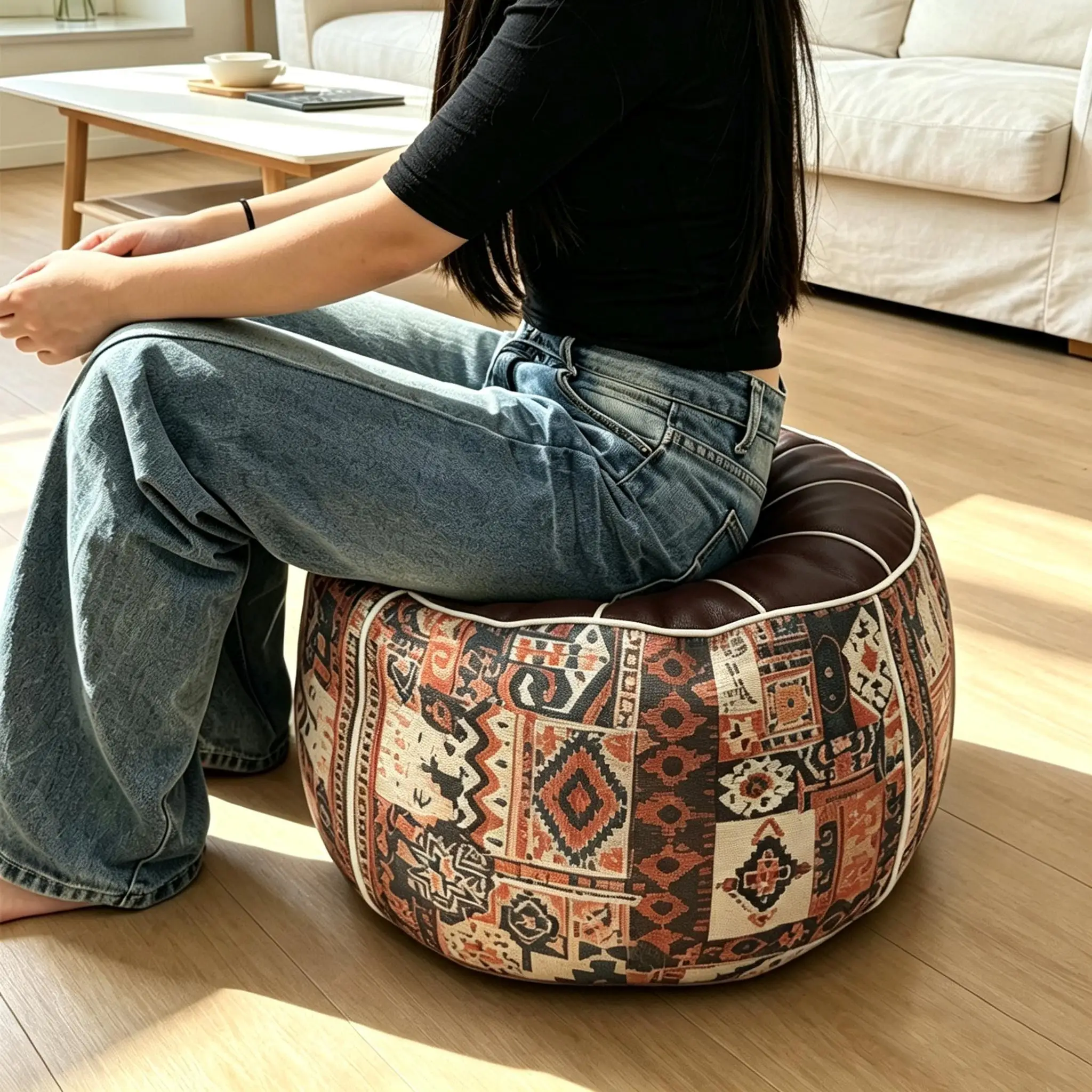 Bohemian Pouf Ottoman, Un‑Stuffed Faux Leather Footrest Stool, Floor Cushion Storage Seat for Filling Clothes, Blankets