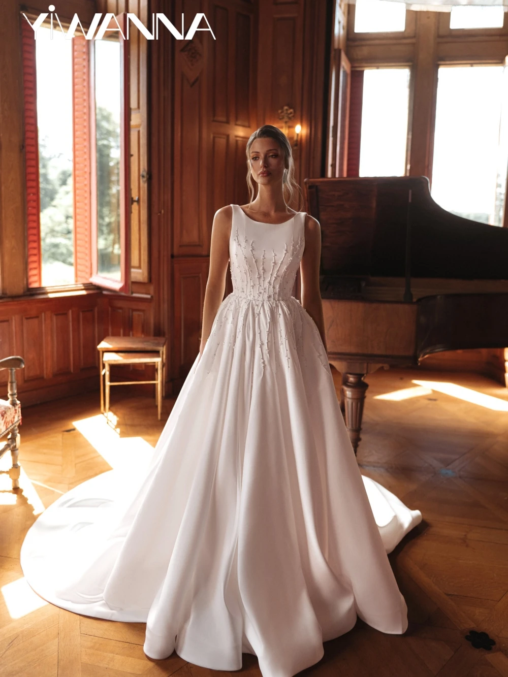 

Romantic Shiny Pearls A-line Satin Long Wedding Dress Sexy Sleeveless Backless Bridal Gown Customized Dreamy Dresses For Bride