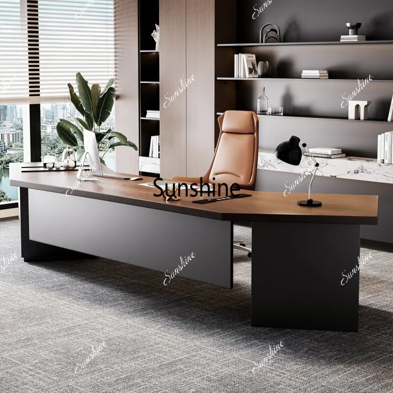 Solid wood special-shaped boss desk with tea table integrated