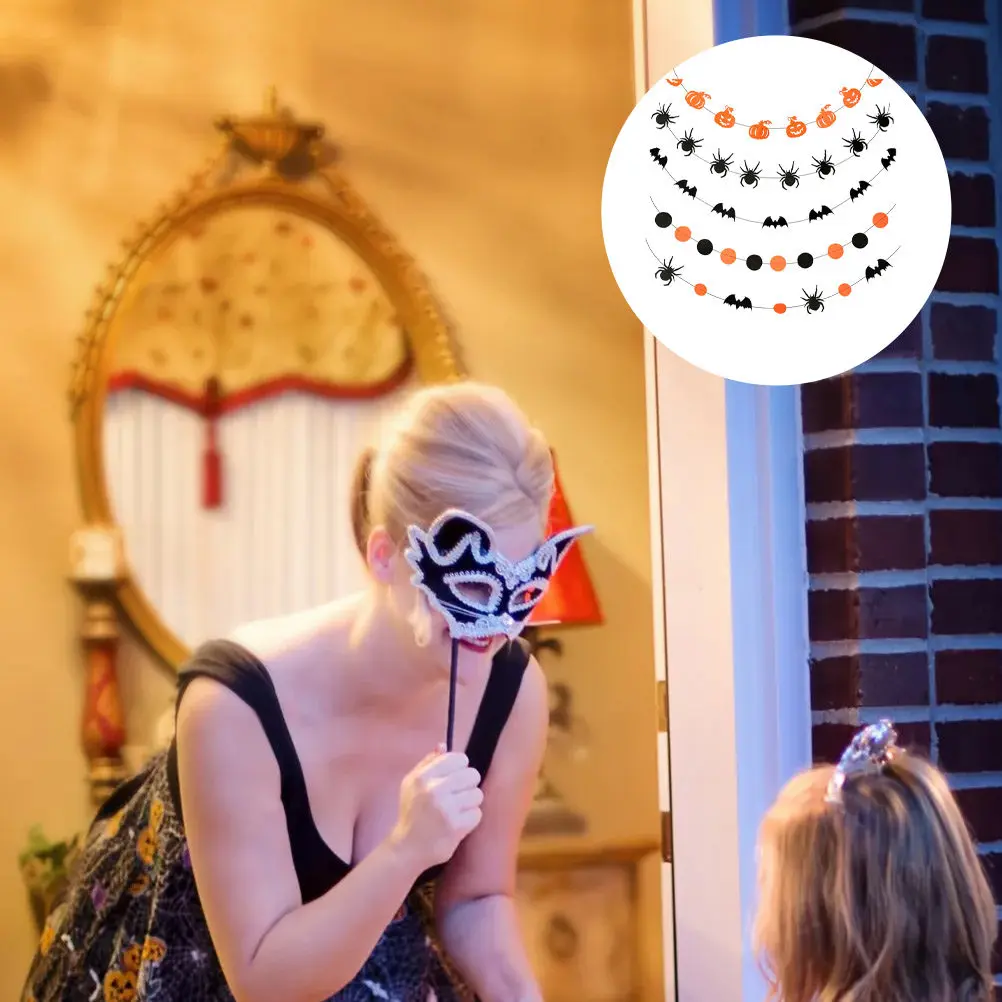 

5 комплектов украшений для Хэллоуина: баннеры, гирлянды с тыквами, летучими мышами и пауками, яркие цвета, многоразовые, для вечеринок, настенные, реквизит для фотосессий, для помещений