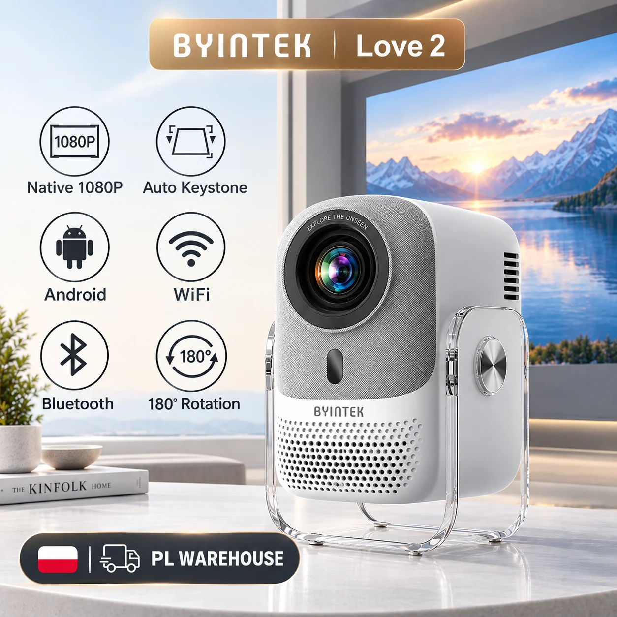 Proiettore intelligente Byintek U6, risoluzione nativa 1080P, correzione automatica del trapezio, Android, Wi-Fi, Bluetooth 4.2, 180 ° Proiettore Home Theater Rotante