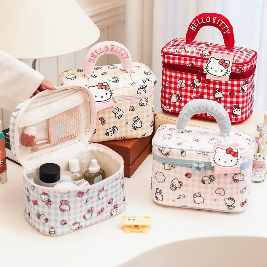 Cute Hello Kitty Checkered Travel Makeup Bag, Multi-Functional Cosmetic Storage Organizer with Handle, Cartoon Plaid Toiletry view 2
