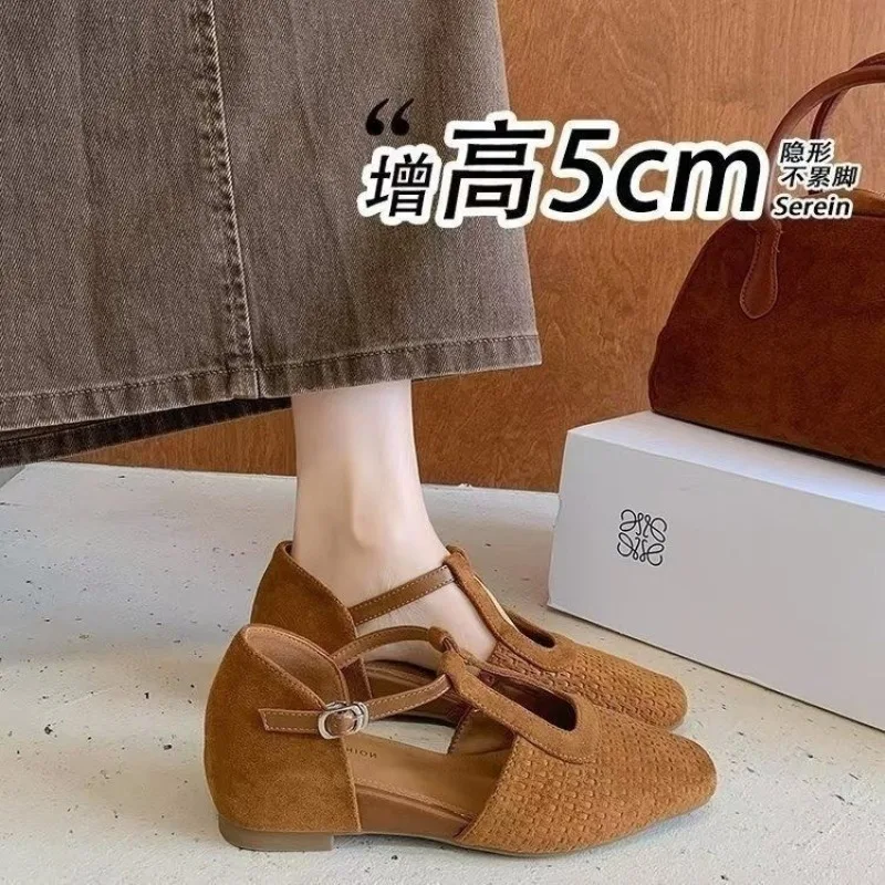 French Square Toe Women's Single Shoes with Increased Height, 2026 New Summer Straight Strap Thick Soled High-heeled Sandals