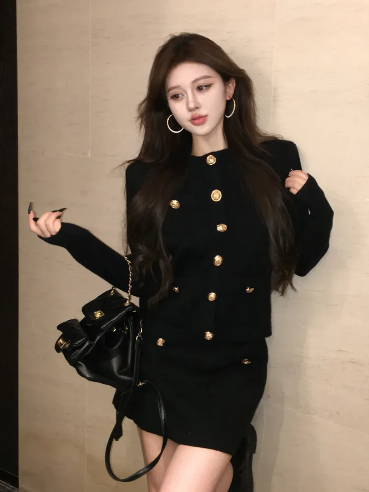 Y2K Elegant Mini Skirt Set Autumn winter Women O-neck Long Sleeve Knitted Cardigan outerwears 2 piece sets women outfits