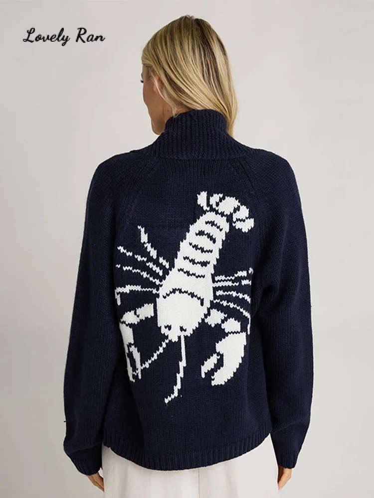

Lazy Print Knit Cardigan Women Casual Stand Neck Single Breasted Sweater Female 2024 Autumn Elegant Pockets Knitwear Lady