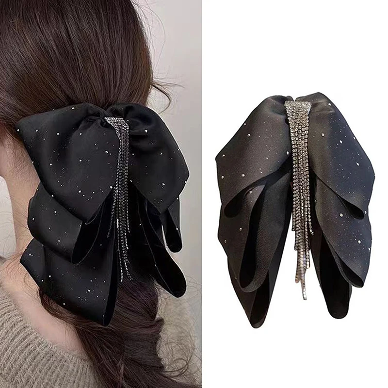 Elegante strass borla preto três camadas arco garra de cabelo para mulheres doce bandana moda acessórios para o cabelo rabo de cavalo clipe