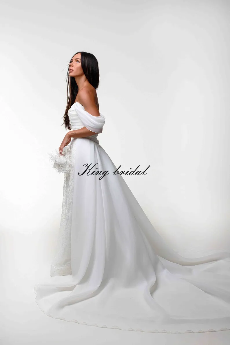 Vestido de casamento de renda feito sob medida com organza trem destacável fora do ombro renda chantilly vestido de casamento modesto