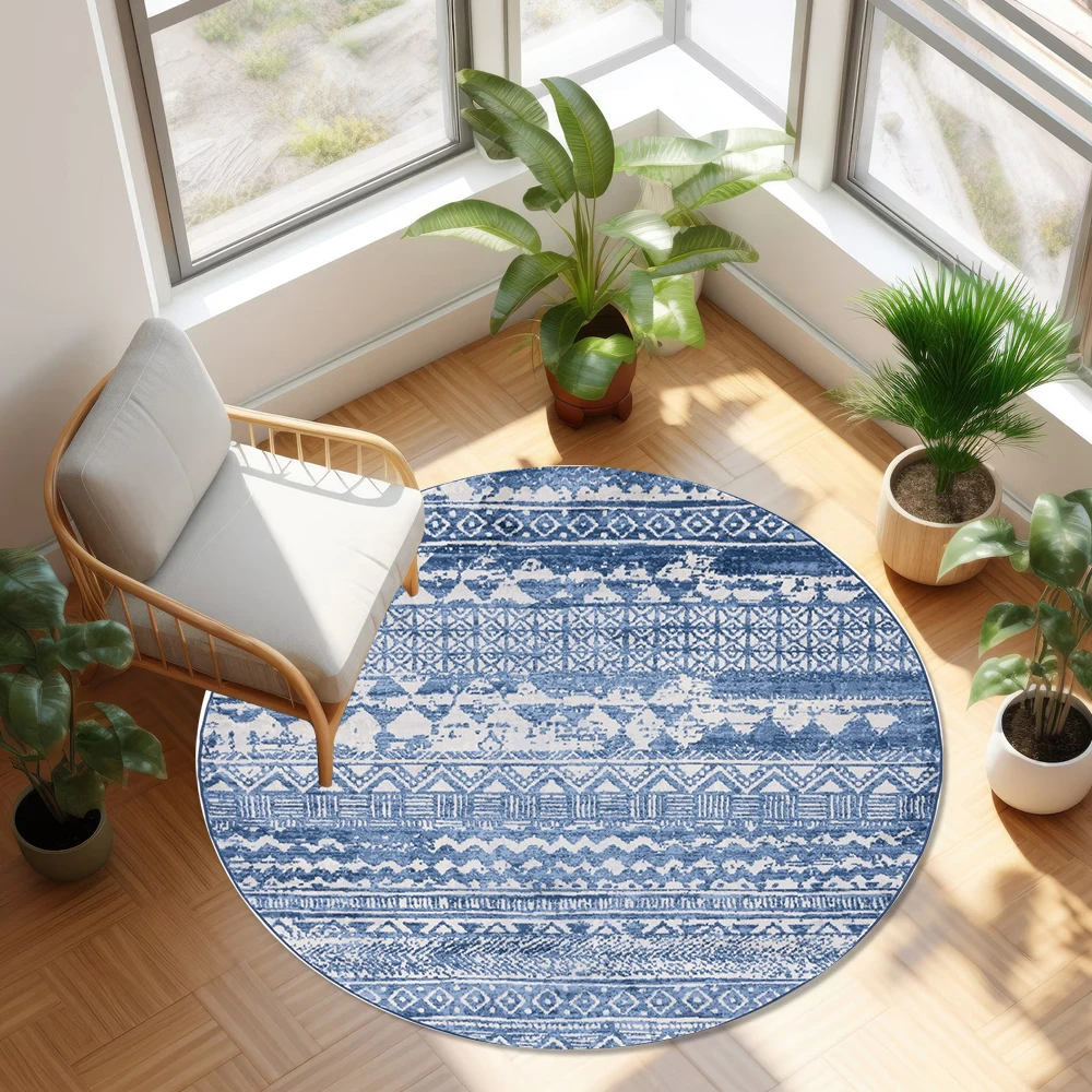 

Blue Bohemian Style Circular Carpet Vintage Sky Blue Sofa Edge Carpet Living Room Bedroom Room Decoration Rug