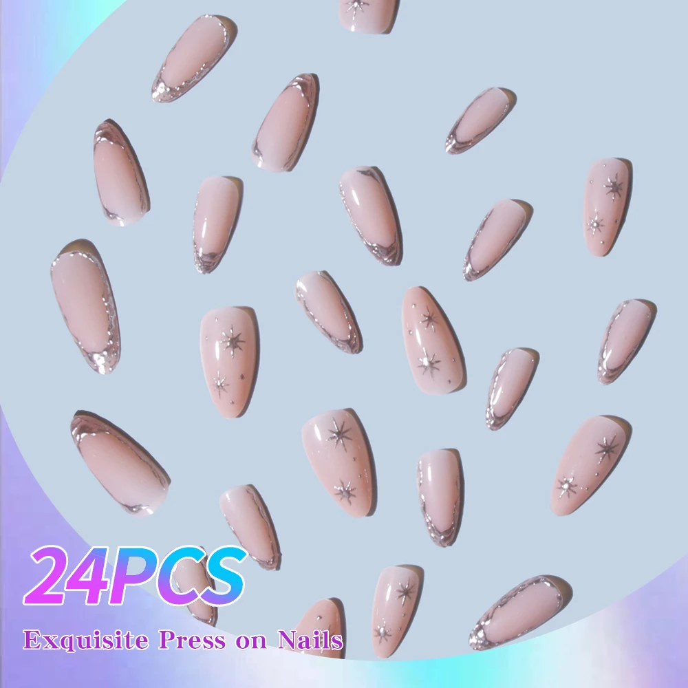 แถบเล็บเจล 3 มิติสีเงินรูปอัลมอนด์ยาว 24 ชิ้นเพื่อเพิ่มสไตล์แฟชั่นของคุณ! ชุดสติกเกอร์ติดเล็บสไตล์ฝรั่งเศสแบบสติลเลตโตมีลักษณะดังนี้